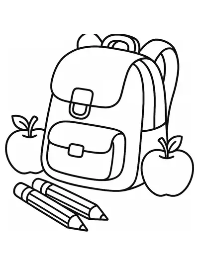 Easy coloring page with school supplies like pencils, a backpack, and apples, designed for elementary children.