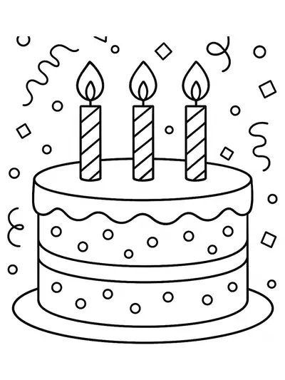 Easy outline of a birthday cake with candles and scattered confetti, perfect for preschool coloring.