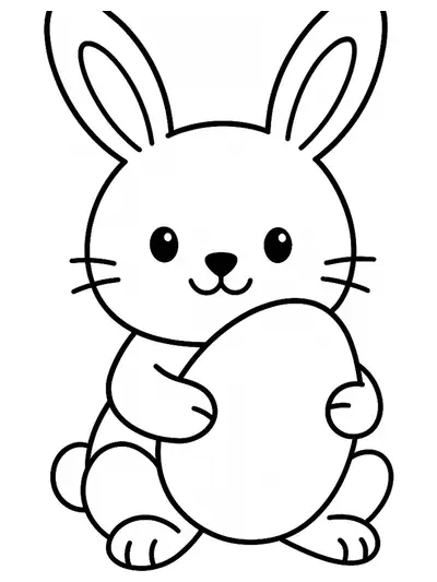 Outline drawing of a smiling Easter bunny holding a big egg, simple and easy for preschoolers to color.