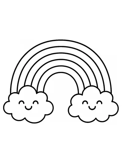 Simple line art of a large rainbow with two smiling clouds, designed for preschool coloring.