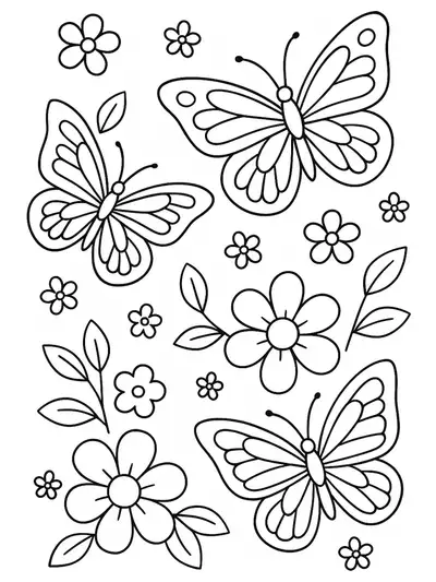 Simple butterfly and flower coloring page with easy outlines for kids.