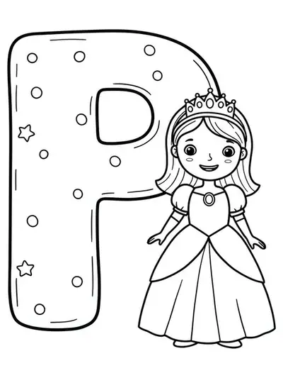 A large letter P with a smiling princess in a crown and dress beside it, all outlined simply.
