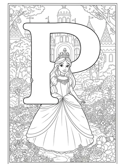 Coloring page of a princess and palace with the letter P, medium detail for elementary kids.