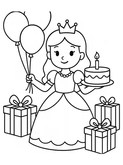 Easy coloring page of a princess holding balloons and a birthday cake, standing beside presents.