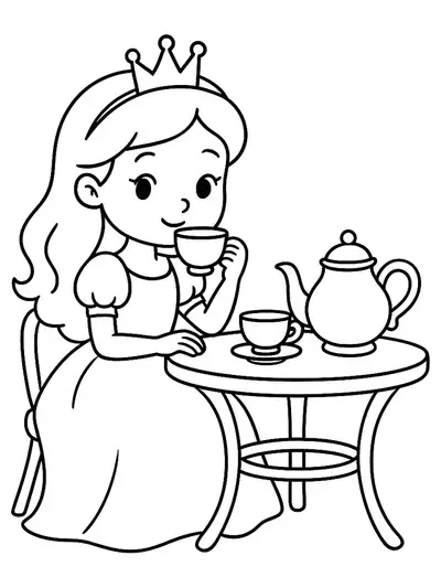 Preschool coloring page of a princess having a tea party with large cups and a teapot.