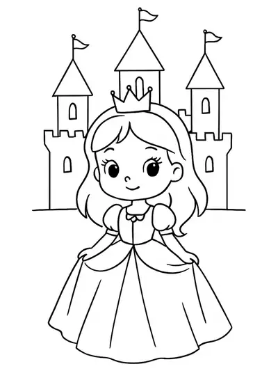 Coloring page showing a girl in a princess dress standing outside a basic castle, for preschool-aged children.