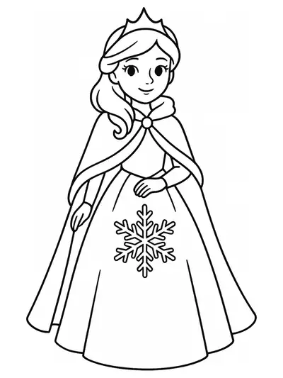 Preschool coloring page of a princess with a cloak and big snowflake in a winter scene.