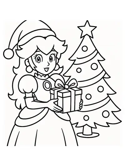 Princess Peach with a Santa hat and present for Christmas, easy coloring page