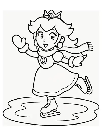 Princess Peach ice skating with a scarf, easy winter coloring page