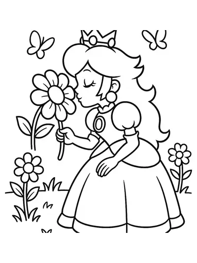 Princess Peach in a garden with a big flower, easy spring coloring page