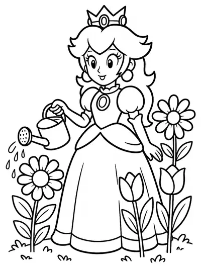 Princess Peach in a flower garden holding a watering can, surrounded by large spring flowers.