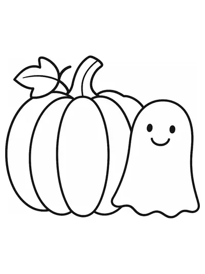 Large pumpkin with a friendly ghost floating beside it, simple lines