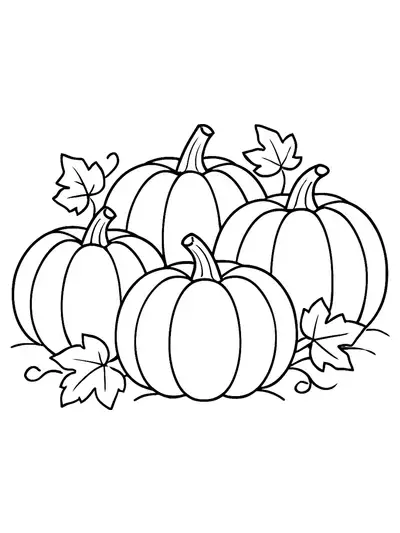Big pumpkins, a scarecrow, and corn stalks in a simple fall harvest scene for easy coloring.