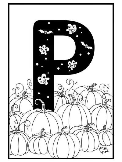 Medium complexity coloring page of a pumpkin patch with the letter P for elementary students.