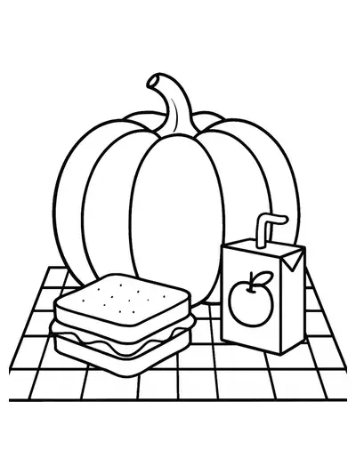 Big pumpkin on a picnic blanket with sandwich and juice box