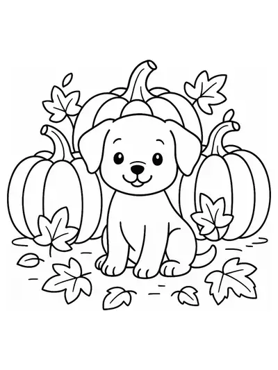 Easy coloring page of a puppy sitting in a pumpkin patch with leaves around