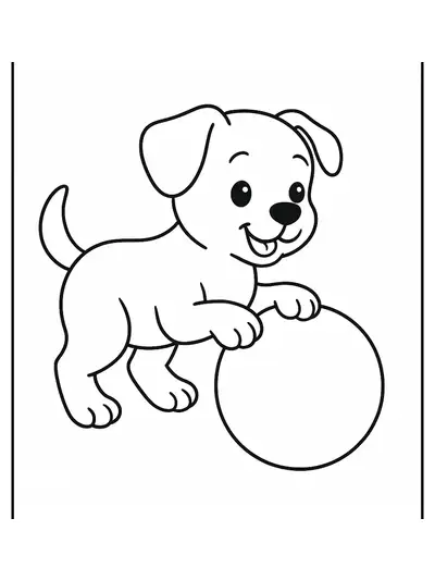 Easy line drawing of a puppy pawing at a large ball, designed for young children