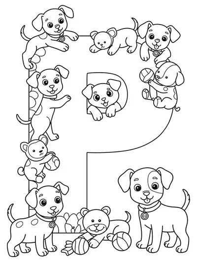 Coloring page showing playful puppies and a big letter P, with medium detail for kids.