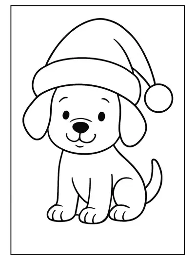 Simple line art of a puppy wearing a Santa hat, easy for preschoolers to color