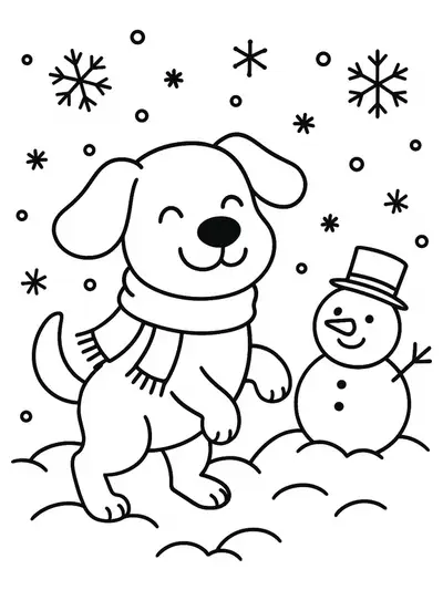 A happy dog wearing a scarf, playing in snow with snowflakes and a snowman behind.