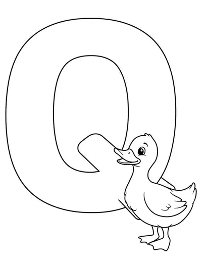 Letter Q with a friendly duck quacking beside it, easy outlines for coloring.