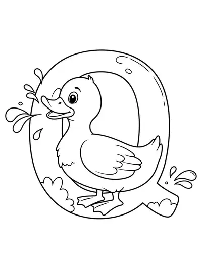 Outline drawing of a letter Q with a duck making a quack sound and water splashes for coloring