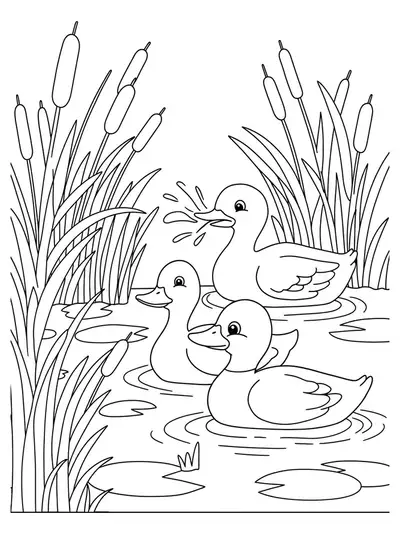 Detailed line art of ducks quacking in a pond, with letter Q shapes hidden in reeds, lily pads, and ripples.