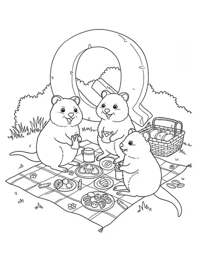 Detailed line art of quokkas having a picnic with food and a picnic blanket, with multiple letter Qs hidden in the scene.