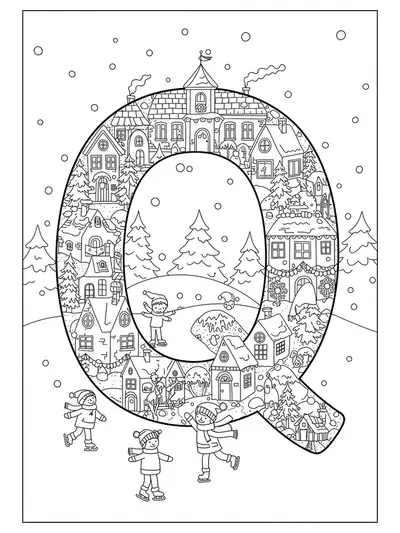 Wintry village scene with decorated houses, snowflakes, and children skating around the letter Q.