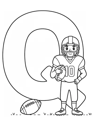 Large letter Q with a cartoon football quarterback and football, easy outlines for coloring.