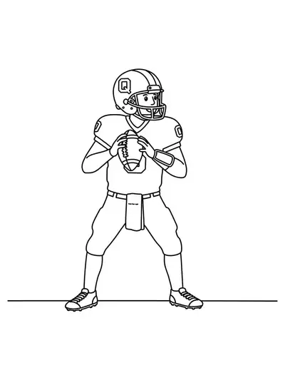 Line art of a quarterback holding a football, with the letter Q on the jersey and football field details.