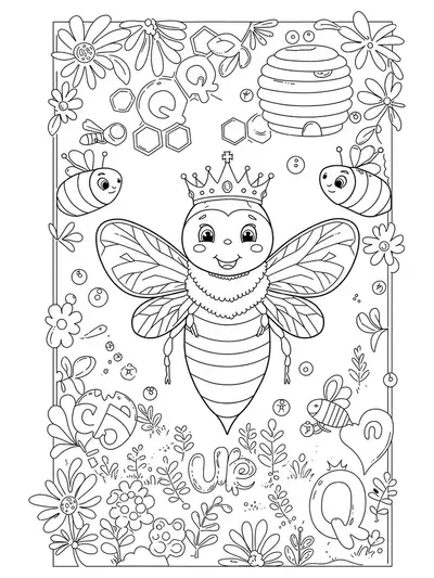 Line art of a queen bee with a crown, surrounded by bees, flowers, and a honeycomb hive with letter Qs.