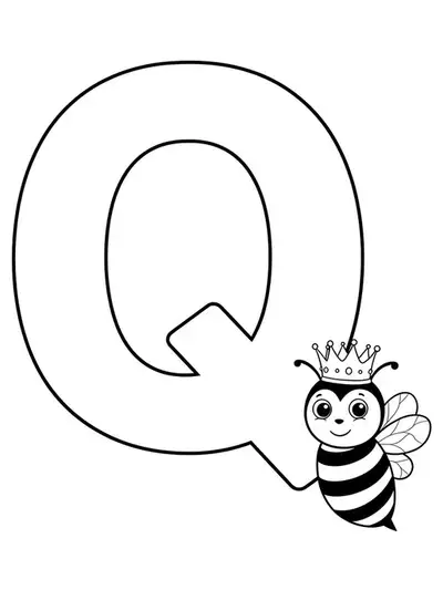 Large letter Q with a smiling queen bee wearing a crown, easy to color outlines.