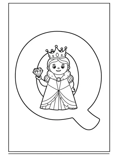 Outline drawing of letter Q with a queen, crown, and jewel for coloring