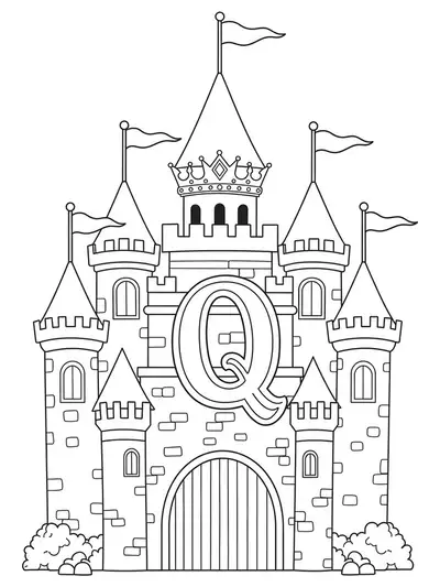 A detailed black and white line art of a queen’s castle with the letter Q, elaborate turrets, flags, jewels, and fine details.