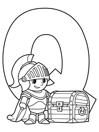 Large letter Q with a knight’s helmet and a simple treasure chest, easy lines for coloring.
