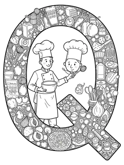 Kitchen scene with a chef, the letter Q, food ingredients, and cooking tools.