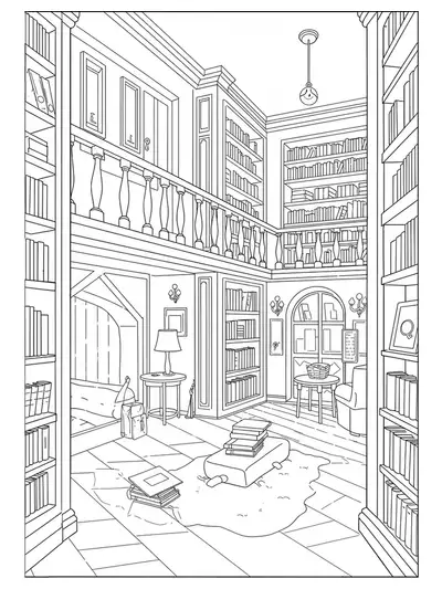 Detailed line art of a library with bookshelves, reading spots, and letter Qs hidden in books and lamps.