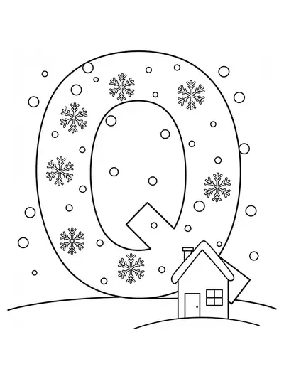Large letter Q with snowflakes and a small house next to it, easy to color.