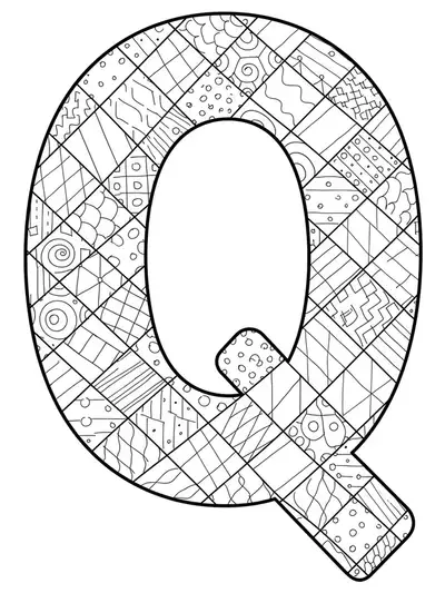 Large letter Q with simple quilt pattern shapes inside, outlined in easy-to-color blocks.