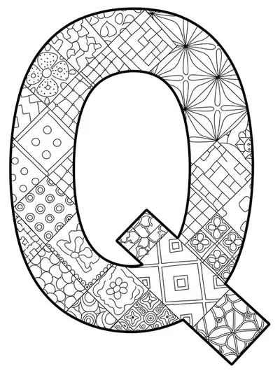 Intricate line art of a large letter Q filled with quilt patterns like stars, flowers, and zigzags.