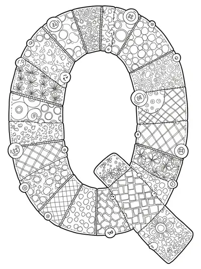 Coloring page of the letter Q made of detailed quilt patches, stitches, and buttons.
