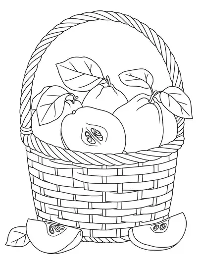 Line art of a fruit basket with quinces, leaves, and slices in the shape of letter Qs and a detailed basket weave.