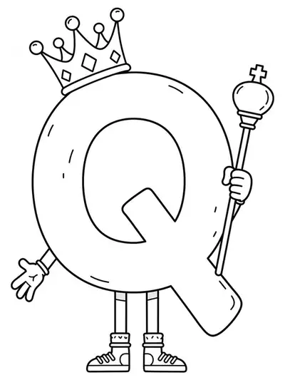 Large letter Q with a cartoon crown and scepter, simple lines for easy coloring.