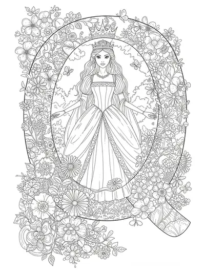 Detailed coloring page of the letter Q with a queen surrounded by garden flowers and butterflies.