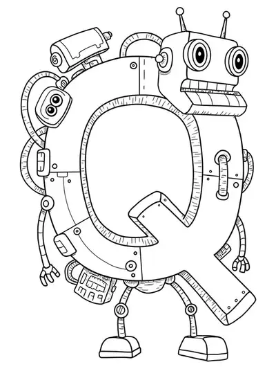Intricate line art of quirky robots made of gears and wires, with letter Q shapes in the design.