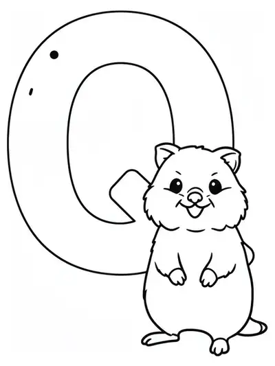 Large letter Q with a smiling quokka standing next to it, easy coloring outlines.