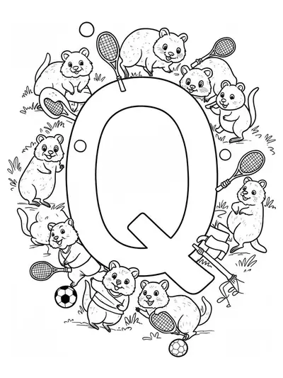 Coloring page of the letter Q with playful quokkas in sports uniforms, playing various sports.