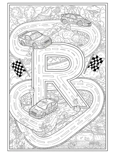 Detailed letter R with rally cars, checkered flags, and winding race tracks in a hard coloring design.