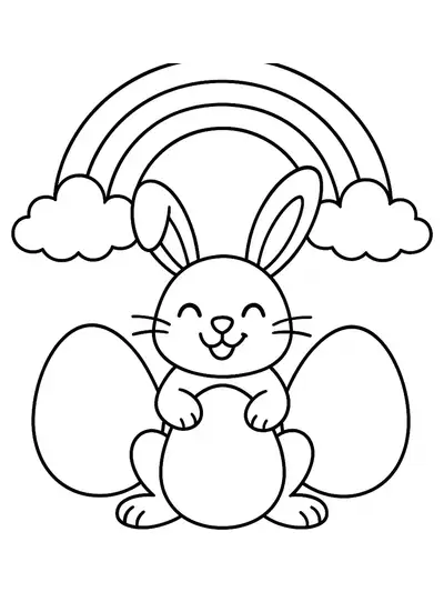 Simple drawing of a smiling bunny under a rainbow with three big Easter eggs.